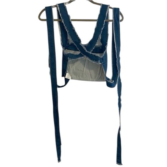 Y2K Streetwear Self Tie Cross Back Distressed Denim Crop Top Size Small - Picture 3 of 4